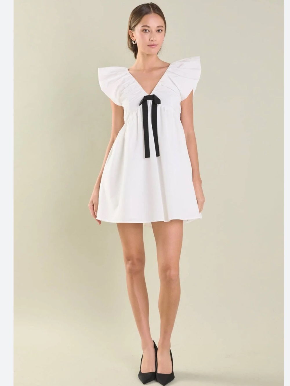 Endless Rose Contrast Bow White Flutter Sleeve Flare Mini Dress Size Small NWT